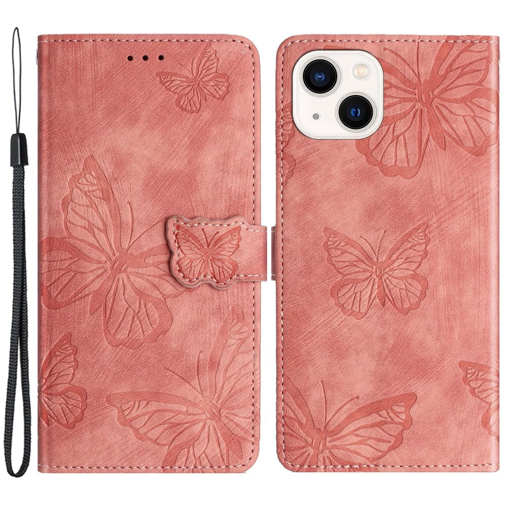 Imprinted Butterflies Phone Case for iPhone 15 , Skin-touch PU Leather Wallet Stand Cover with Strap - Pink - 1