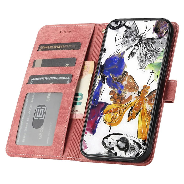 Imprinted Butterflies Phone Case for iPhone 15 , Skin-touch PU Leather Wallet Stand Cover with Strap - Pink - 2