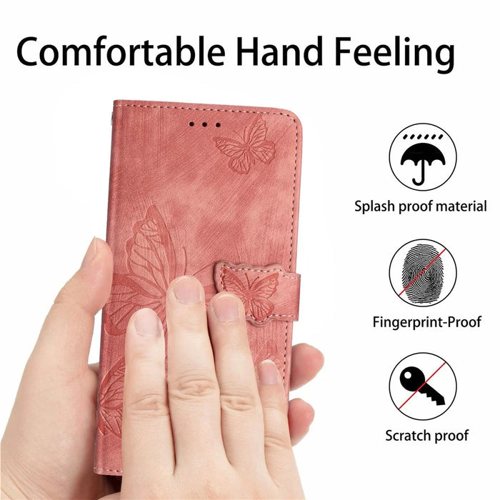 Imprinted Butterflies Phone Case for iPhone 15 , Skin-touch PU Leather Wallet Stand Cover with Strap - Pink - 4