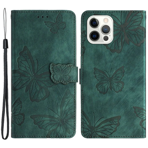 Stand Cover for iPhone 15 Pro Imprinted Butterflies Phone Case Skin-touch PU Leather Wallet with Strap - Green - 1