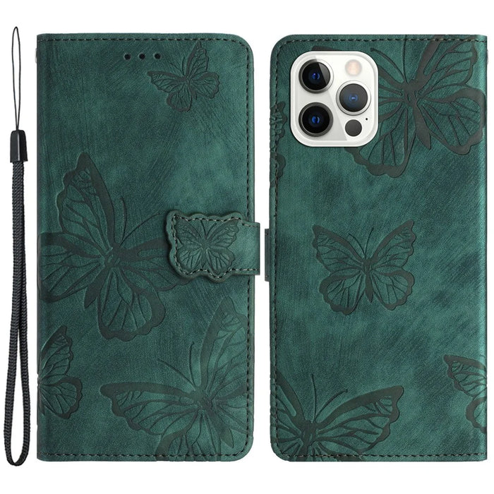 Stand Cover for iPhone 15 Pro Imprinted Butterflies Phone Case Skin-touch PU Leather Wallet with Strap - Green - 1