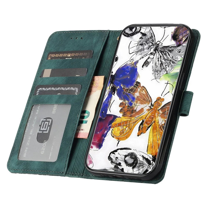 Stand Cover for iPhone 15 Pro Imprinted Butterflies Phone Case Skin-touch PU Leather Wallet with Strap - Green - 2