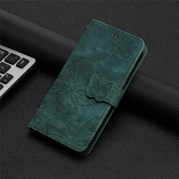 Stand Cover for iPhone 15 Pro Imprinted Butterflies Phone Case Skin-touch PU Leather Wallet with Strap - Green - 7