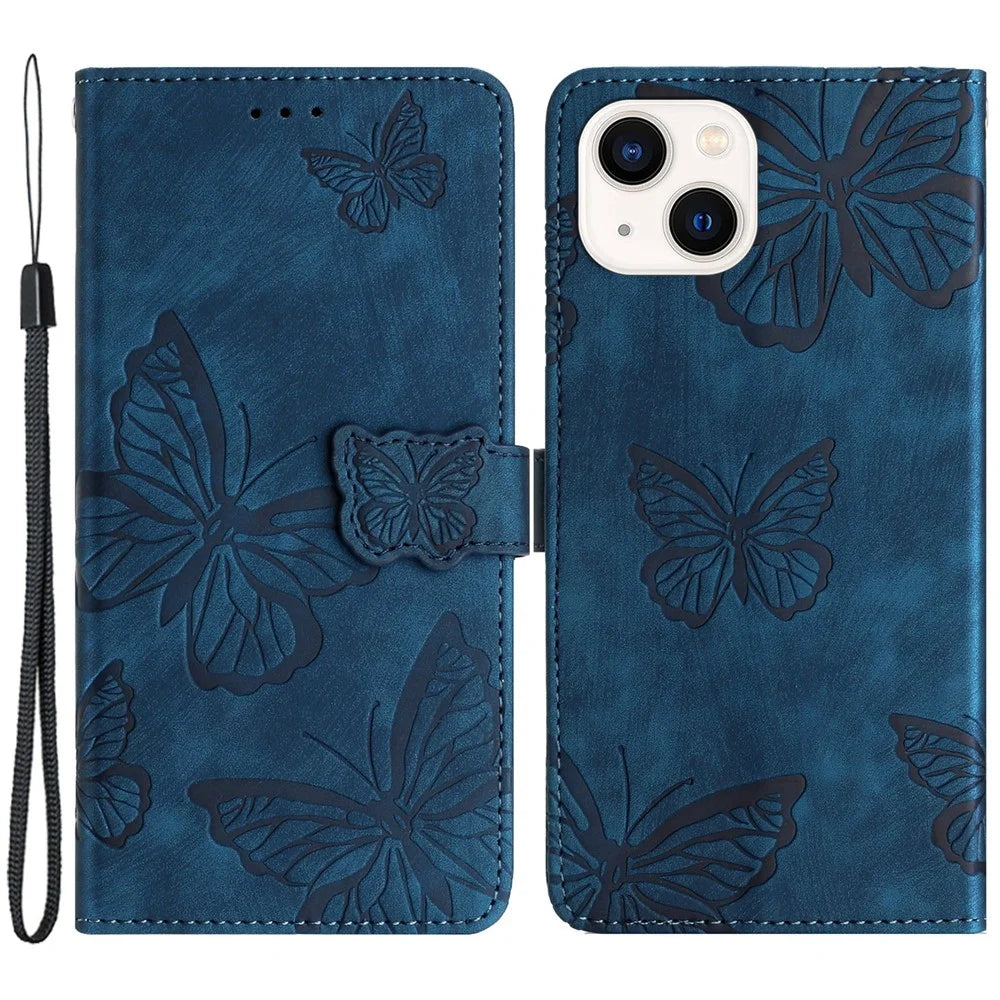 For iPhone 15 Plus Imprinted Butterflies Phone Case PU Leather Wallet Stand Skin-touch Cover with Strap - Blue - 1
