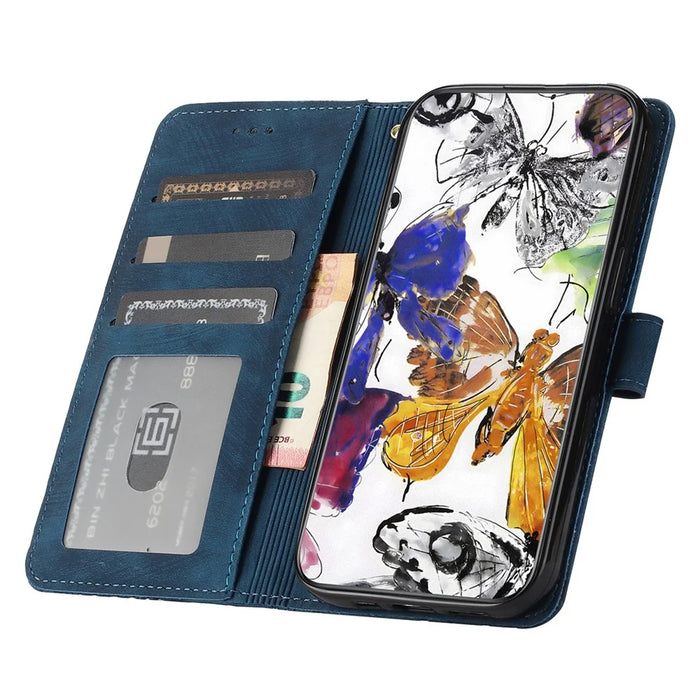 For iPhone 15 Plus Imprinted Butterflies Phone Case PU Leather Wallet Stand Skin-touch Cover with Strap - Blue - 2