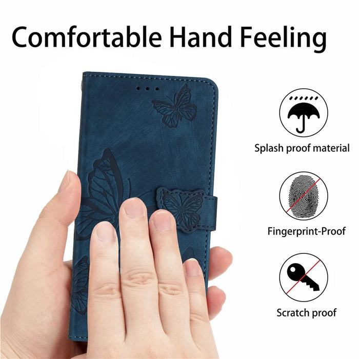 For iPhone 15 Plus Imprinted Butterflies Phone Case PU Leather Wallet Stand Skin-touch Cover with Strap - Blue - 4