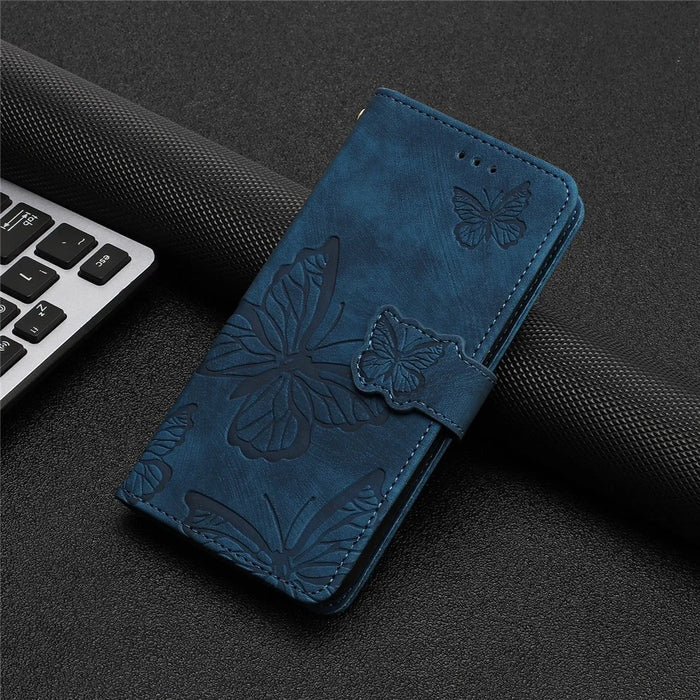 For iPhone 15 Plus Imprinted Butterflies Phone Case PU Leather Wallet Stand Skin-touch Cover with Strap - Blue - 7