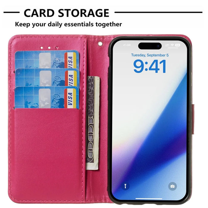 Flip Stand Shell for iPhone 15 Plus Solid Color PU Leather Wallet Cover Phone Case - Rose - 2