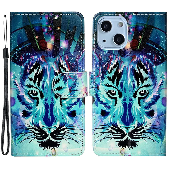 Pattern Printing Leather Wallet Phone Case for iPhone 15 ,  Drop-proof Phone Stand Cover - Wolf - 1