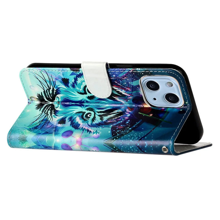 Pattern Printing Leather Wallet Phone Case for iPhone 15 ,  Drop-proof Phone Stand Cover - Wolf - 3