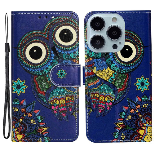 Leather Wallet Case for iPhone 15 Pro , Pattern Printing Stand Cell Phone Cover - Blue Owl - 1