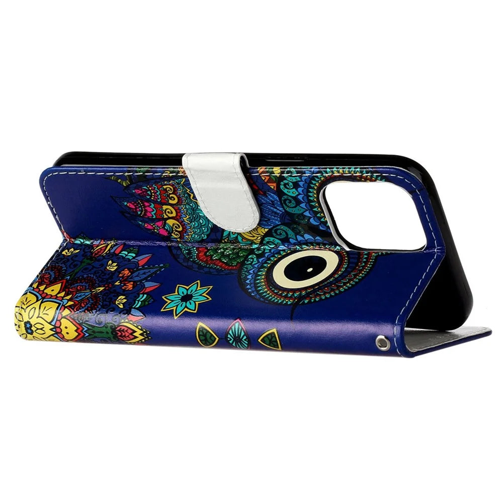 Leather Wallet Case for iPhone 15 Pro , Pattern Printing Stand Cell Phone Cover - Blue Owl - 3