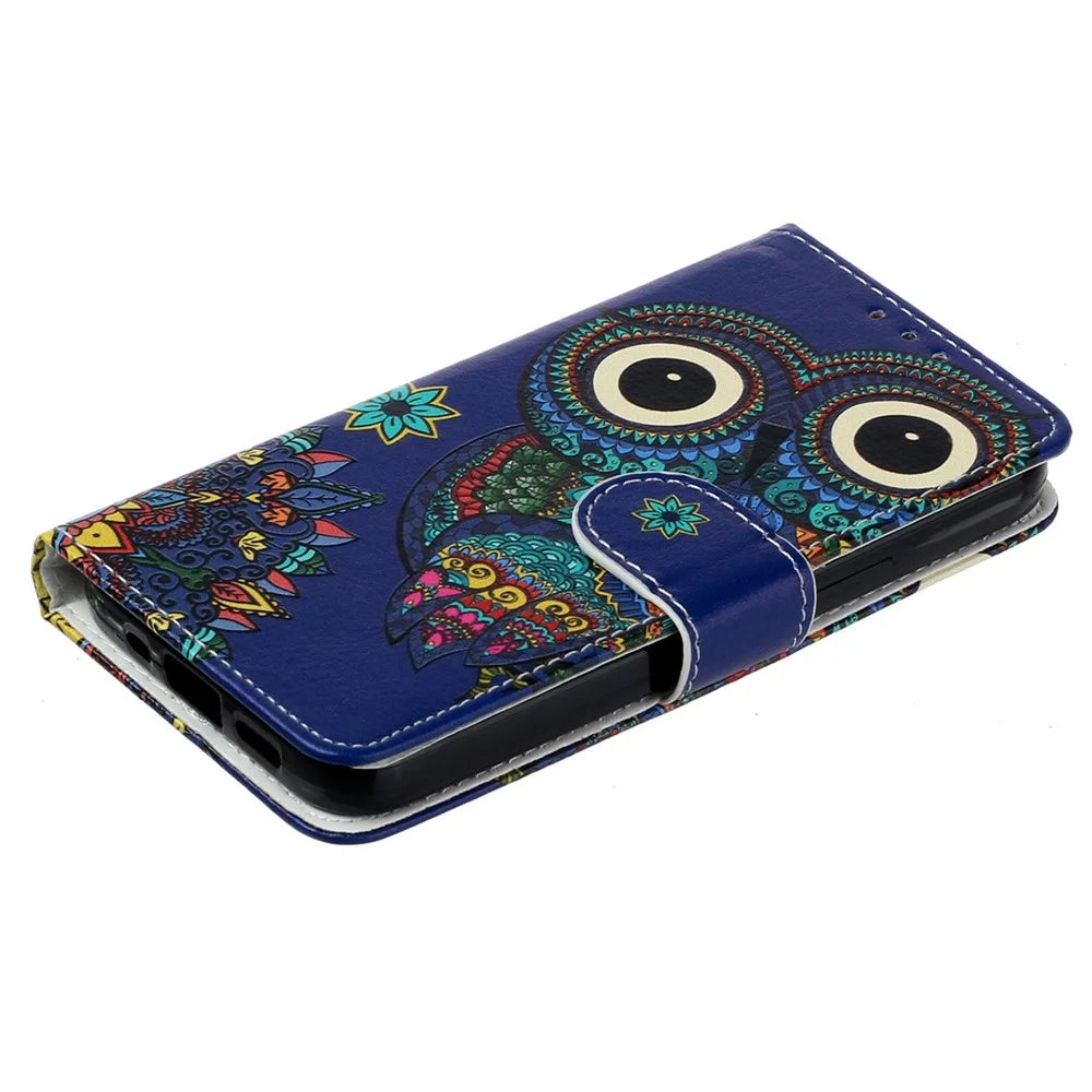 Leather Wallet Case for iPhone 15 Pro , Pattern Printing Stand Cell Phone Cover - Blue Owl - 4