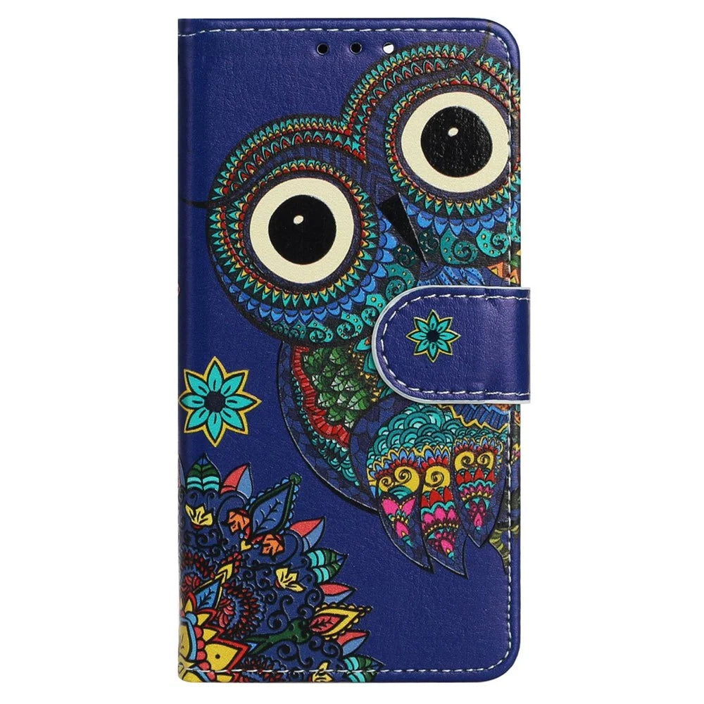 Leather Wallet Case for iPhone 15 Pro , Pattern Printing Stand Cell Phone Cover - Blue Owl - 5