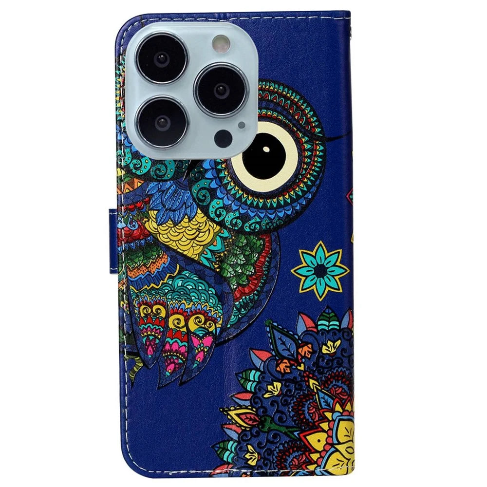 Leather Wallet Case for iPhone 15 Pro , Pattern Printing Stand Cell Phone Cover - Blue Owl - 6