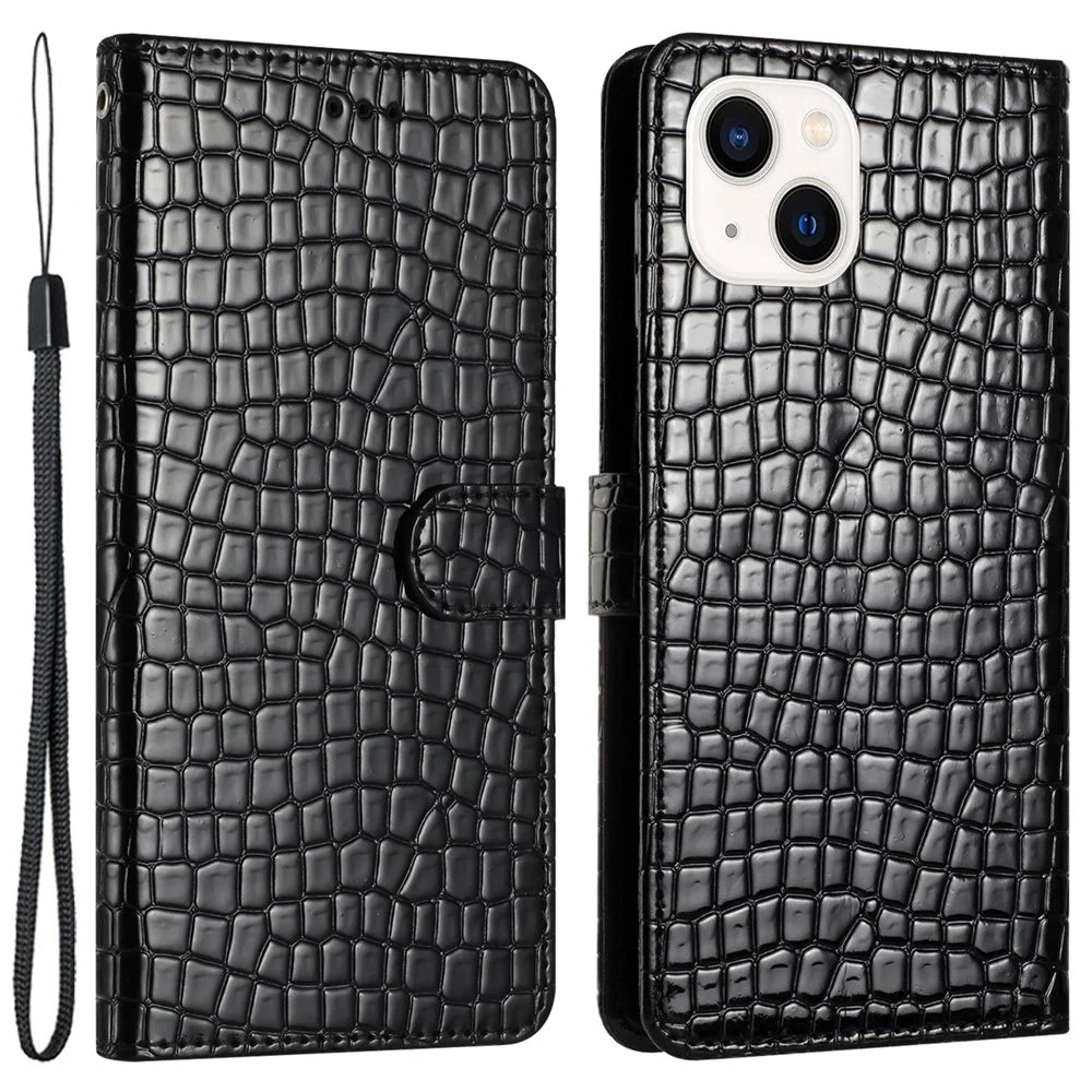 For iPhone 15 PU Leather Wallet Flip Phone Case Shockproof Crocodile Texture Stand Cover with Strap - Black - 1