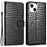 For iPhone 15 PU Leather Wallet Flip Phone Case Shockproof Crocodile Texture Stand Cover with Strap - Black - 1