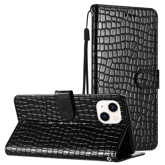 For iPhone 15 PU Leather Wallet Flip Phone Case Shockproof Crocodile Texture Stand Cover with Strap - Black - 7