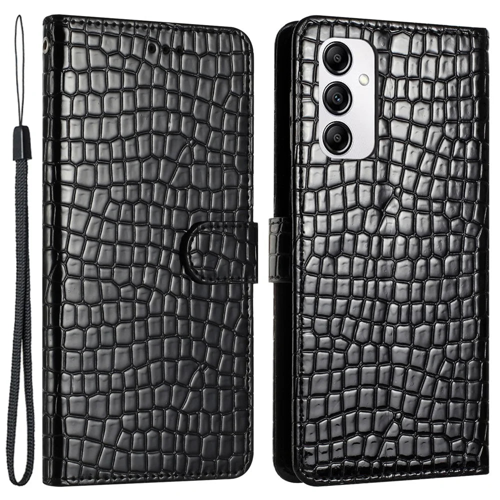 For Samsung Galaxy M23 5G / F23 5G Crocodile Texture PU Leather Stand Cover Wallet Phone Case with Strap - Black - 1