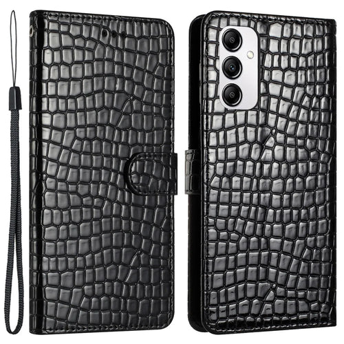 For Samsung Galaxy M23 5G / F23 5G Crocodile Texture PU Leather Stand Cover Wallet Phone Case with Strap - Black - 1