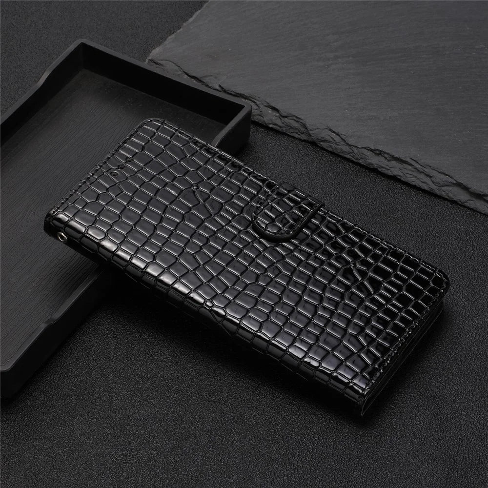 For Samsung Galaxy M23 5G / F23 5G Crocodile Texture PU Leather Stand Cover Wallet Phone Case with Strap - Black - 6