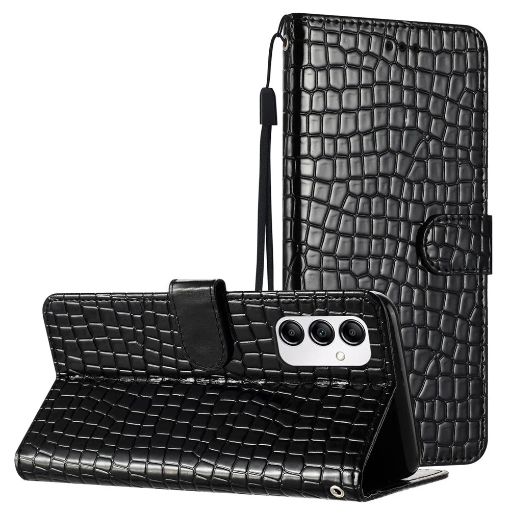 For Samsung Galaxy M23 5G / F23 5G Crocodile Texture PU Leather Stand Cover Wallet Phone Case with Strap - Black - 7