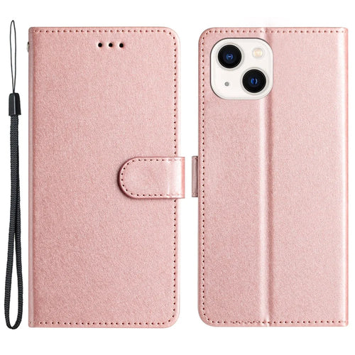 For iPhone 15 Plus PU Leather+TPU Wallet Stand Phone Cover Silk Texture Case with Strap - Rose Gold - 1