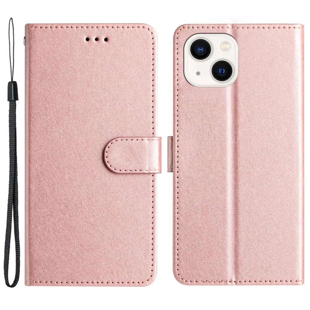 For iPhone 15 PU Leather+TPU Silk Texture Wallet Stand Phone Cover Protective Case with Strap - Rose Gold - 1