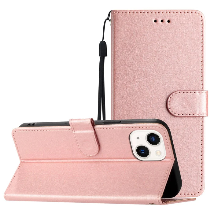 For iPhone 15 PU Leather+TPU Silk Texture Wallet Stand Phone Cover Protective Case with Strap - Rose Gold - 7