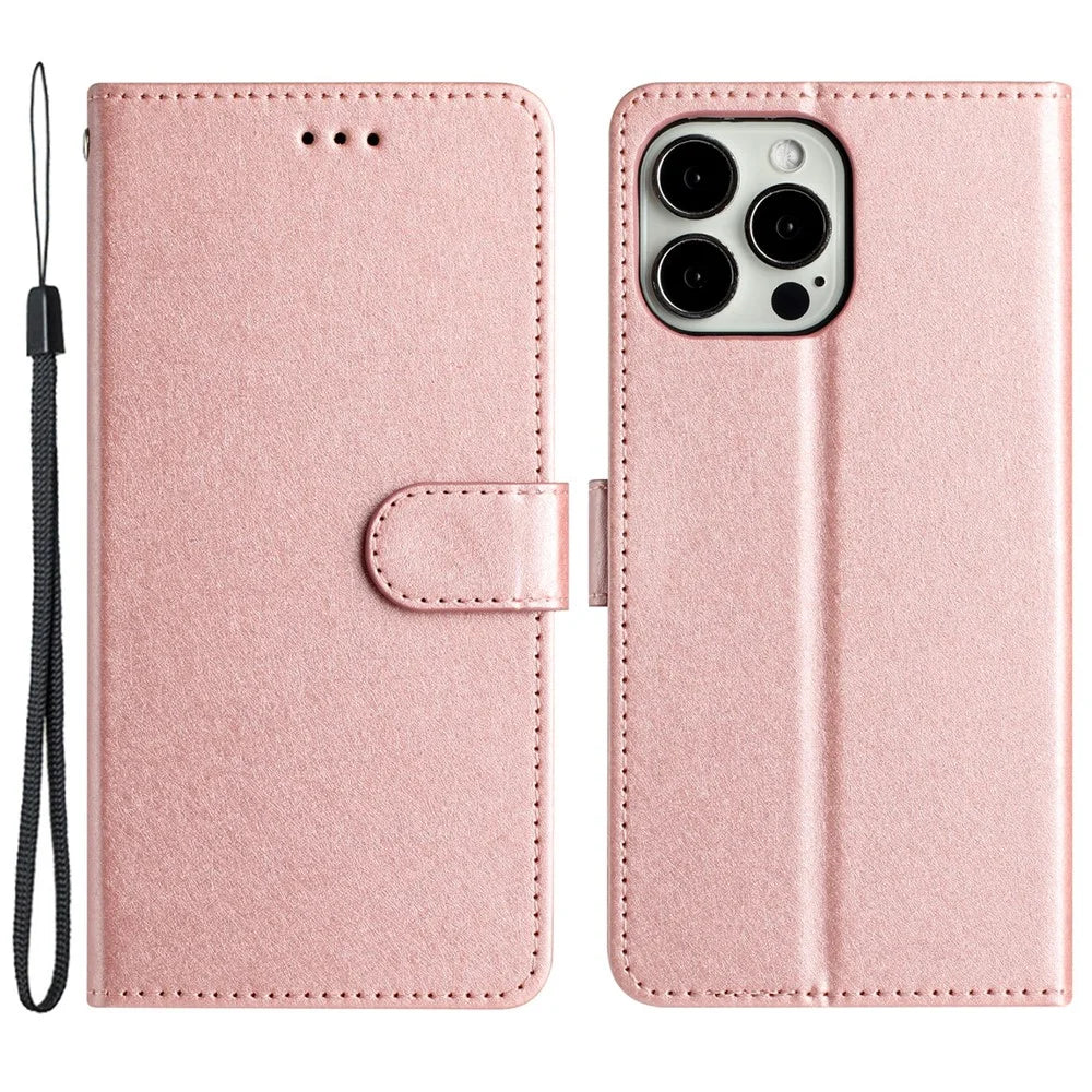For iPhone 15 Pro Max Protective Case, PU Leather+TPU Silk Texture Wallet Stand Phone Cover with Strap - Rose Gold - 1