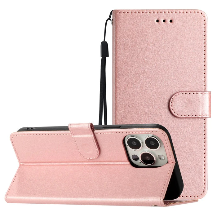 For iPhone 15 Pro Max Protective Case, PU Leather+TPU Silk Texture Wallet Stand Phone Cover with Strap - Rose Gold - 7