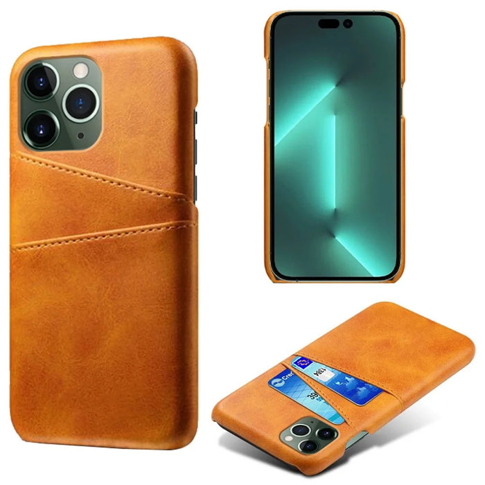 Phone Cover for iPhone 15 Pro , PU Leather Coated PC Protective Back Case with Dual Card Slots - Orange - 1