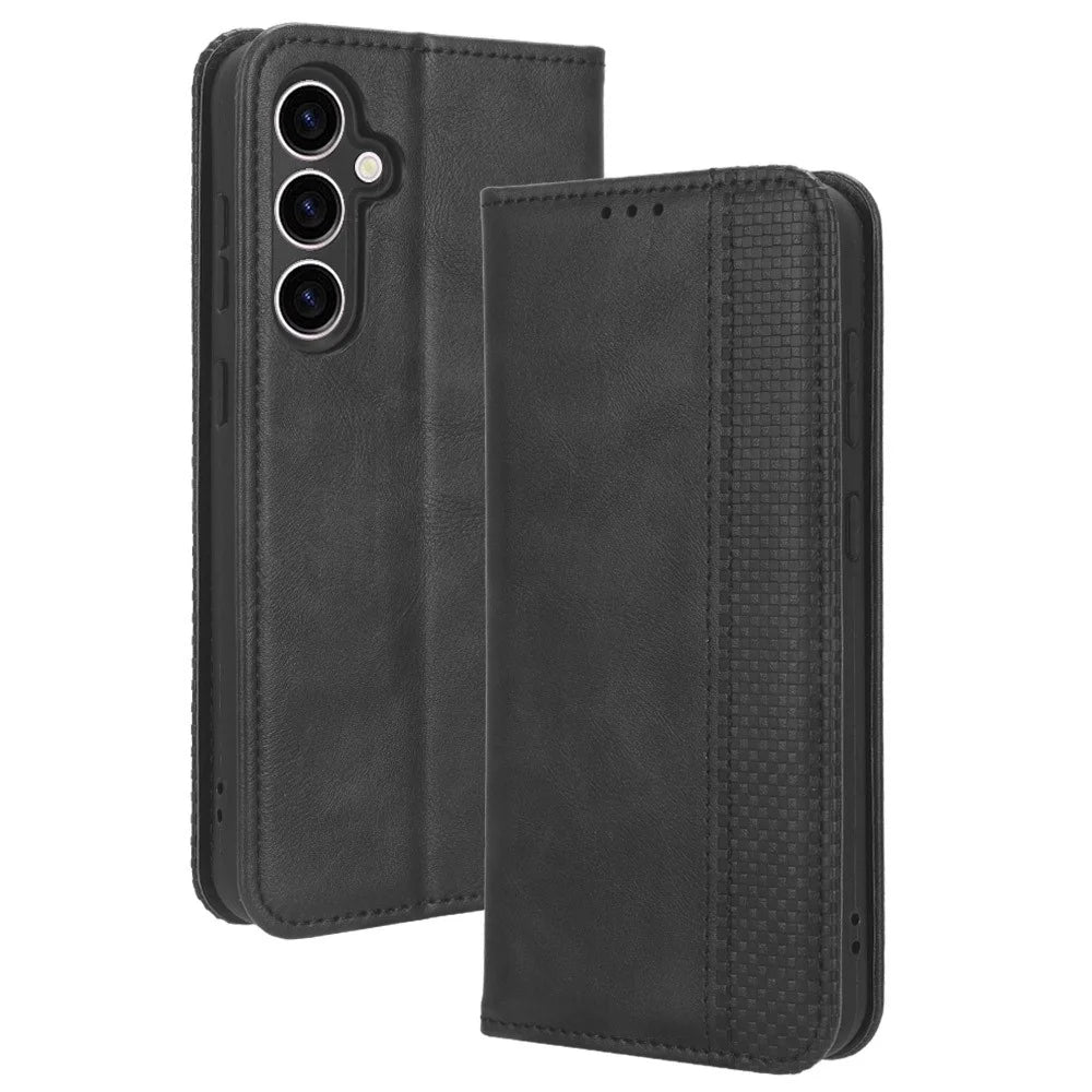Stand Wallet Phone Case for Samsung Galaxy S23 FE , Retro PU Leather Protective Phone Cover - Black - 1