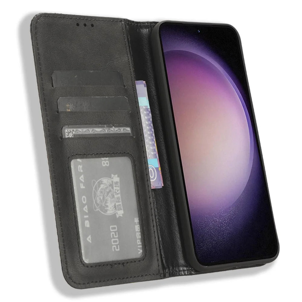 Stand Wallet Phone Case for Samsung Galaxy S23 FE , Retro PU Leather Protective Phone Cover - Black - 2