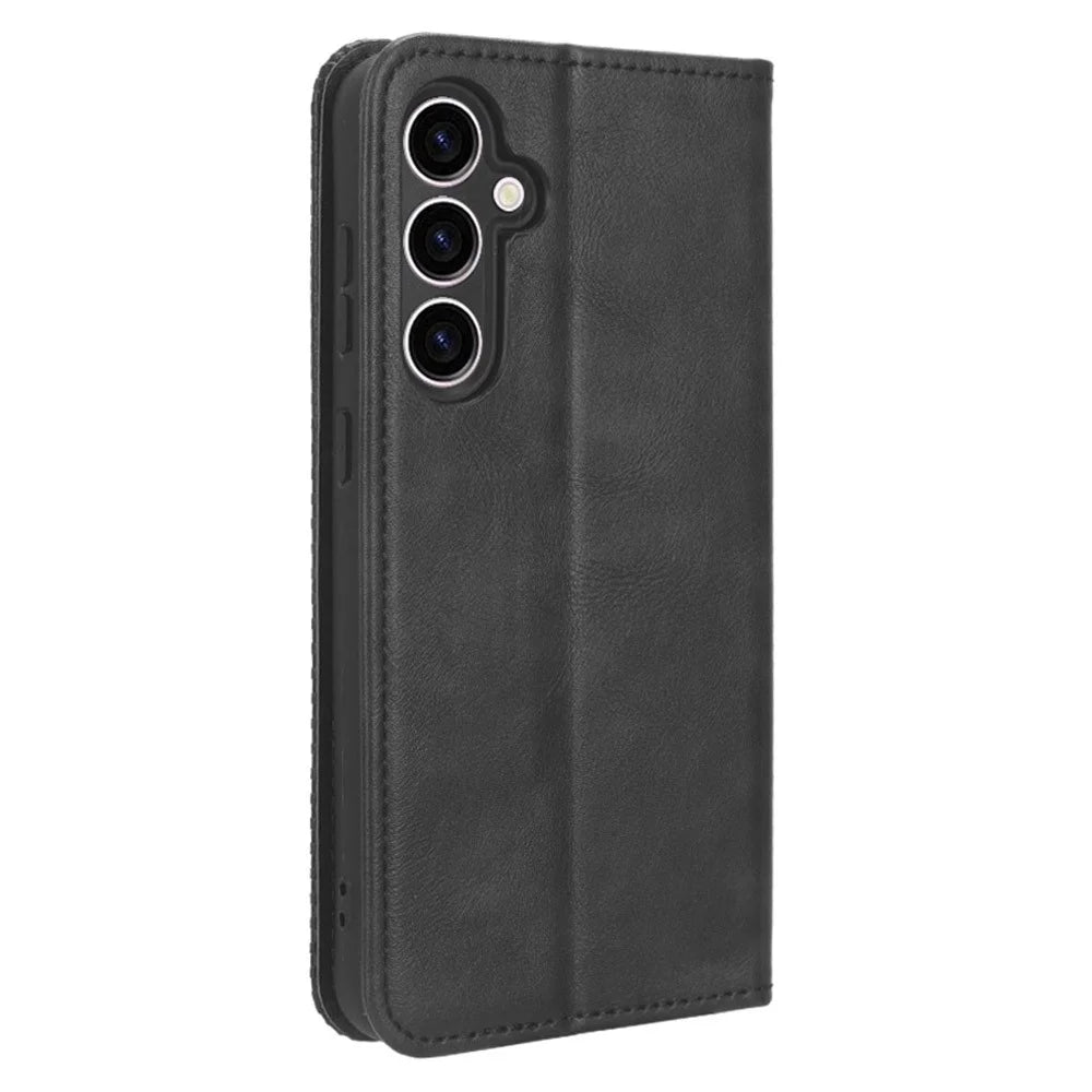 Stand Wallet Phone Case for Samsung Galaxy S23 FE , Retro PU Leather Protective Phone Cover - Black - 6