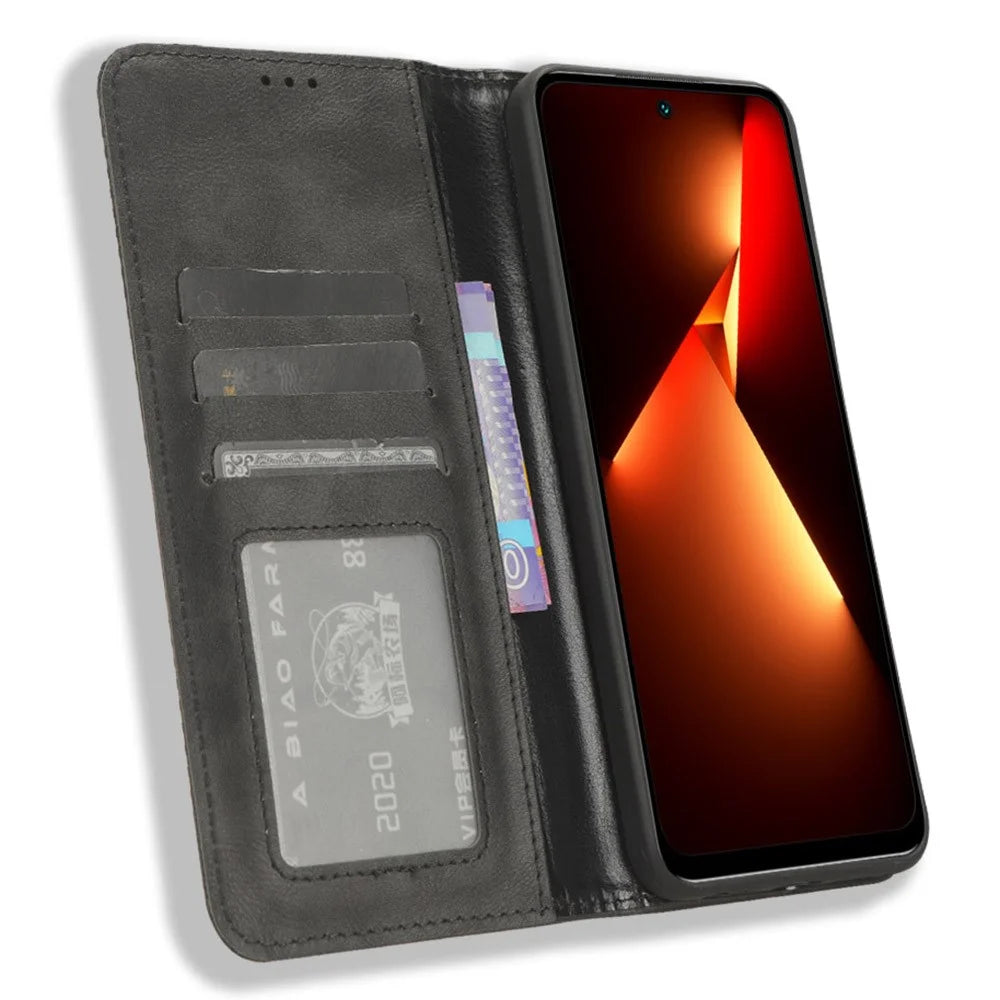 Retro Phone Case for TECNO Pova Neo 3 4G LH6n , PU Leather Stand Wallet Flip Cover - Black - 2