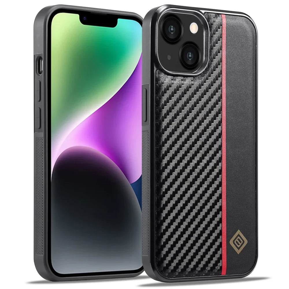 LC.IMEEKE Phone Case for iPhone 14 , Carbon Fiber Texture PU Leather Coated TPU+EVA Back Cover - 1