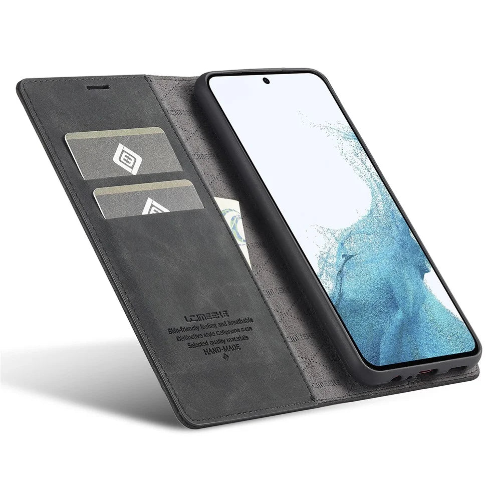 LC.IMEEKE Phone Case for Samsung Galaxy S23 FE , Microfiber Leather Stand Wallet Cover - Black - 2