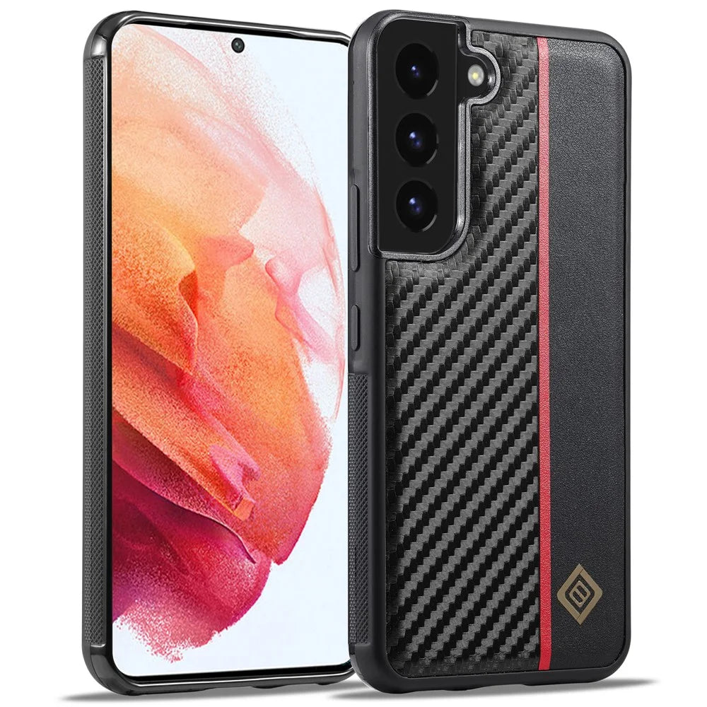 LC.IMEEKE For Samsung Galaxy S21 4G / 5G Carbon Fiber Texture Case PU Leather Coated TPU+EVA Fall Resistant Phone Cover - 1