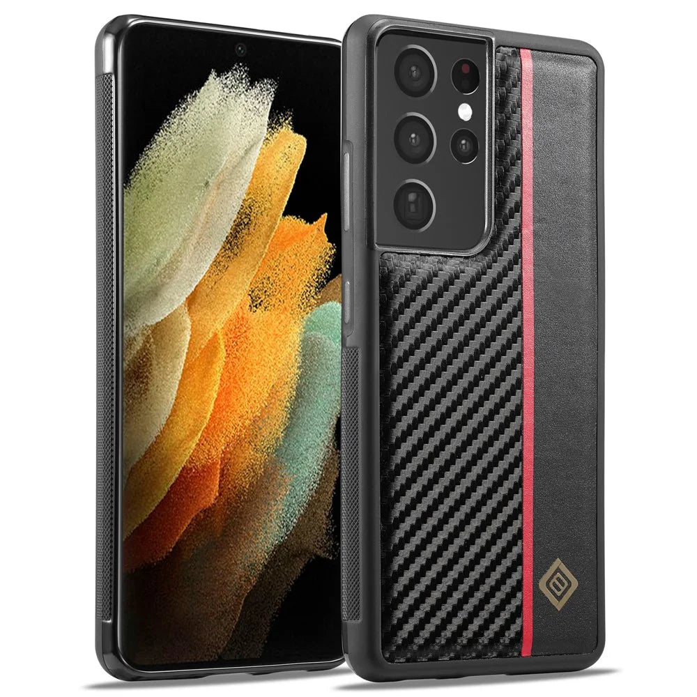 LC.IMEEKE For Samsung Galaxy S21 Ultra 5G Shock-Absorbing Phone Case PU Leather+TPU+EVA Carbon Fiber Texture Cover - 1