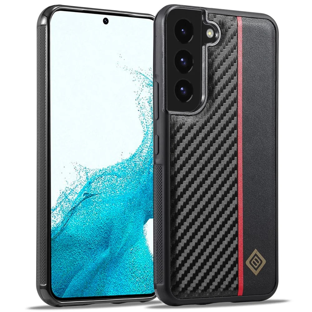 LC.IMEEKE Protective Case for Samsung Galaxy S22 5G , Carbon Fiber Texture Leather Coated TPU+EVA Phone Case - 1