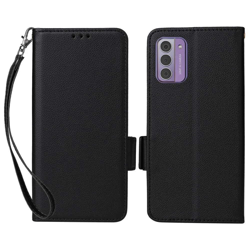 For Nokia C300 Litchi Texture PU Leather Case Wallet Stand Anti-Fingerprint Cell Phone Cover with Strap - Black - 1