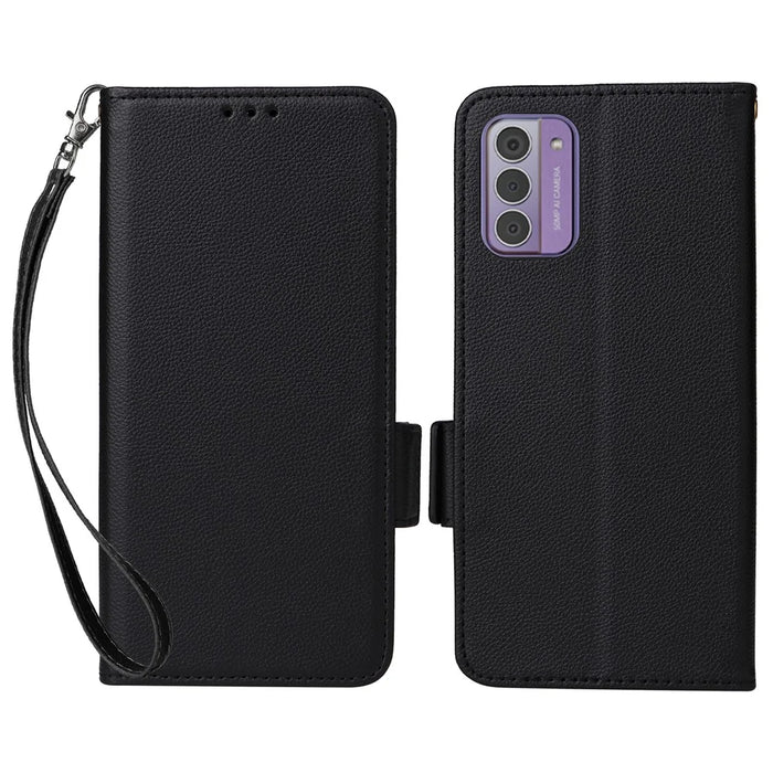 For Nokia C300 Litchi Texture PU Leather Case Wallet Stand Anti-Fingerprint Cell Phone Cover with Strap - Black - 1