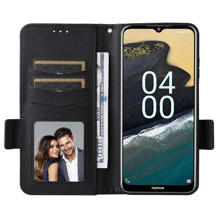 For Nokia C300 Litchi Texture PU Leather Case Wallet Stand Anti-Fingerprint Cell Phone Cover with Strap - Black - 2