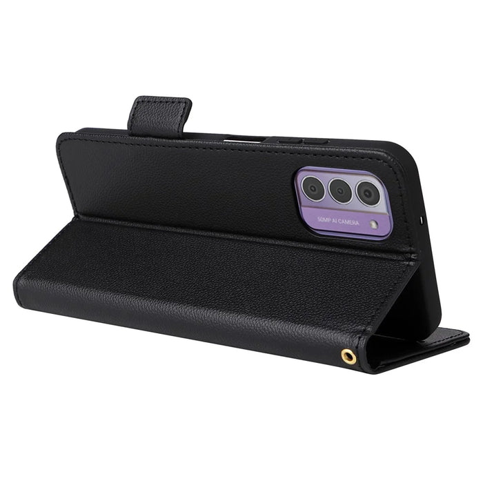 For Nokia C300 Litchi Texture PU Leather Case Wallet Stand Anti-Fingerprint Cell Phone Cover with Strap - Black - 4