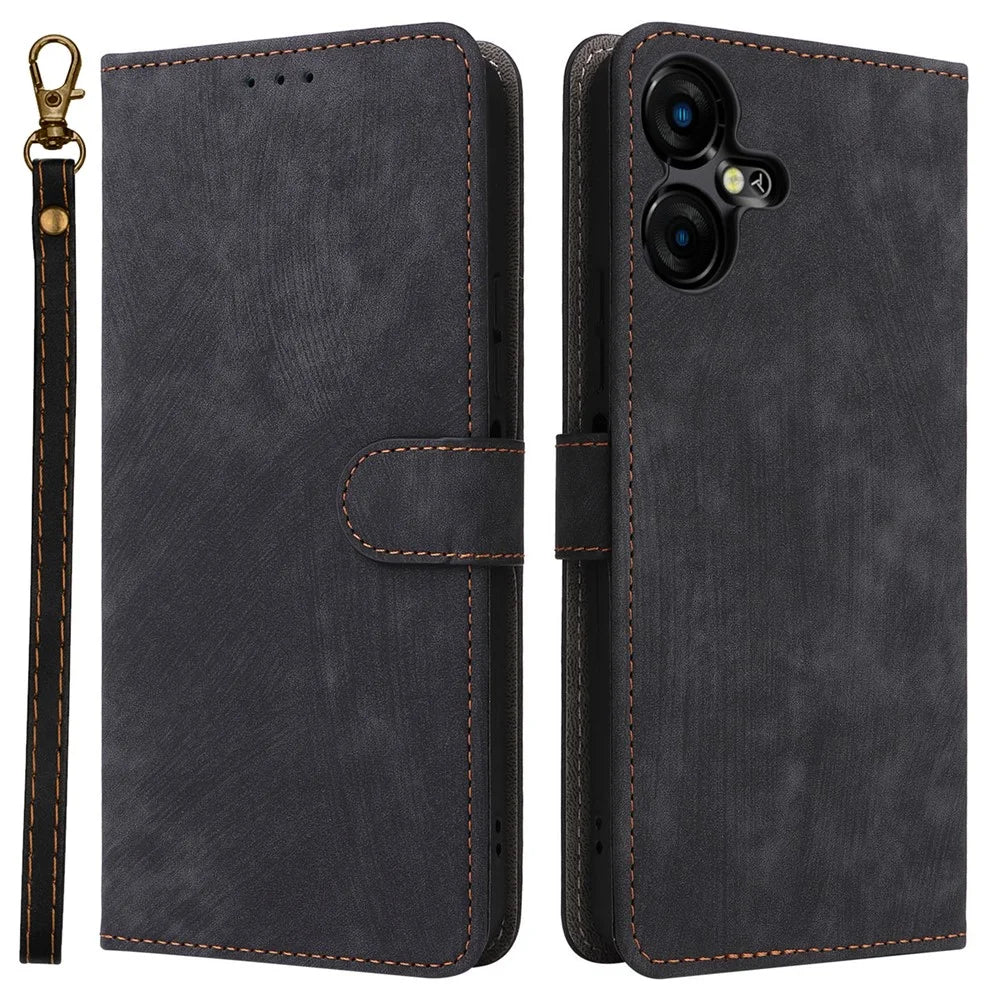 For TECNO Pova Neo 3 4G LH6n Leather Phone Case RFID Blocking Wallet Stand Anti-Fall Cover with Strap - Black - 1