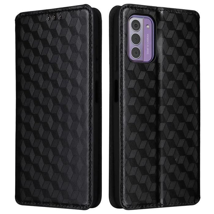 Phone Shell for Nokia G42 Rhombus Imprinted Wallet Case Viewing Stand PU Leather Cover - Black - 1