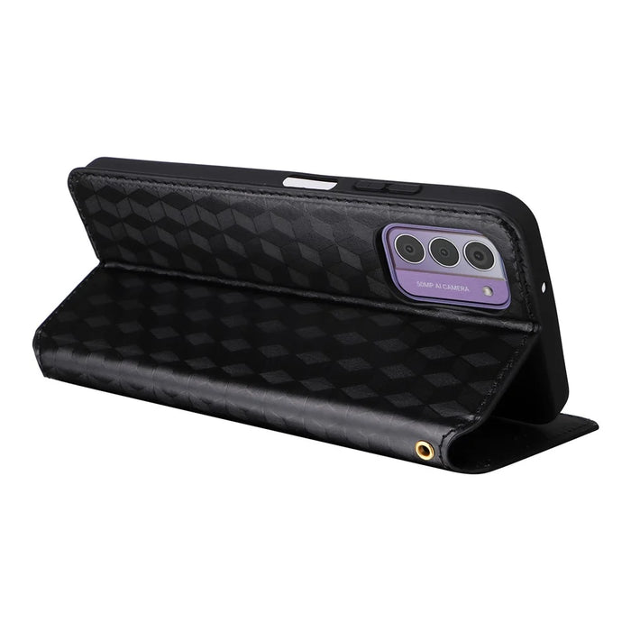 Phone Shell for Nokia G42 Rhombus Imprinted Wallet Case Viewing Stand PU Leather Cover - Black - 4