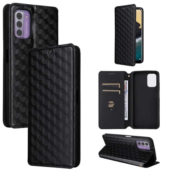 Phone Shell for Nokia G42 Rhombus Imprinted Wallet Case Viewing Stand PU Leather Cover - Black - 5