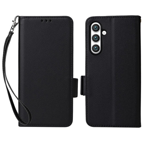 For Samsung Galaxy S23 FE Anti-scratch Litchi Texture PU Leather Case Wallet Stand Phone Cover with Strap - Black - 1